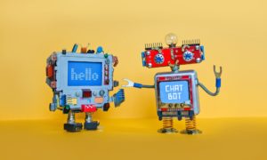 Chat bot robot welcomes android robotic character. Creative design toys on yellow background